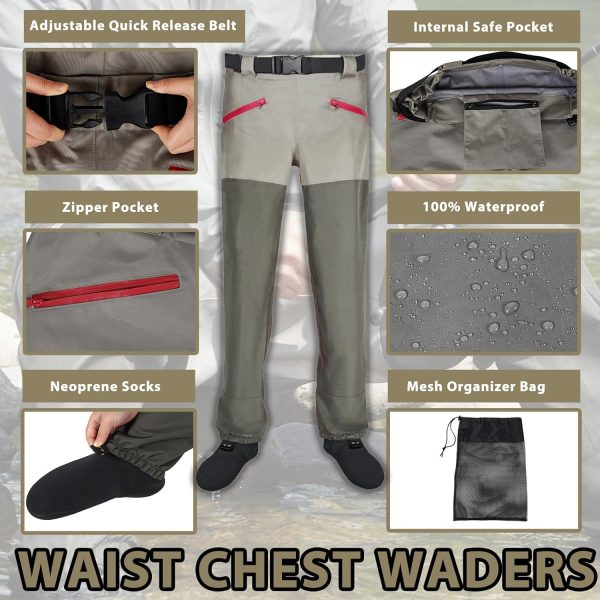 Waist Wader Pants for Men and Women, 3-Ply Breathable Waterproof Fishing Waders with Pockets and Durable Stockingfoot - Image 2