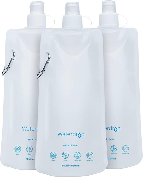 Waterdrop 16 oz Collapsible Water Pouch, Pack of 3, Hiking, Camping, Travel, BPA-Free, Reusable, Foldable